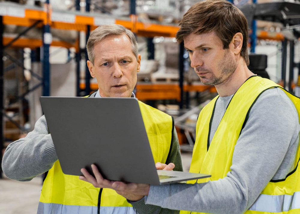 dois homens em um armazém com computador na mão descobrindo quais são as tecnologias essenciais para logística
