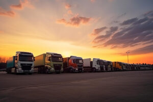 caminhões estacionados ao por do sol aguardando a transportadora aplicar a lei do seguro de carga obrigatório